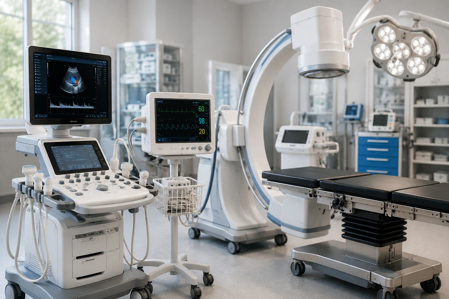 High-quality medical equipment available on lease — ultrasound system, patient monitors and a C-arm in a clinic