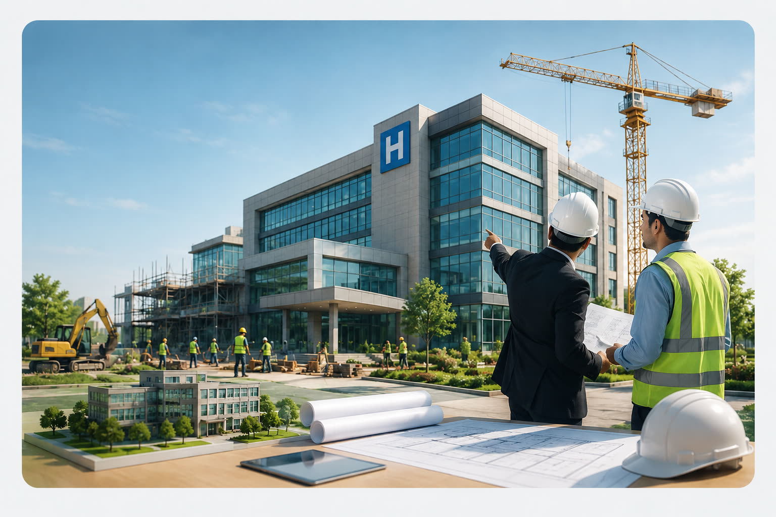 Hospital under construction with a crane while an architect and engineer review building blueprints