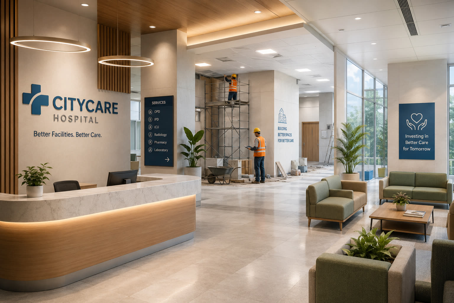 A modern hospital lobby being renovated and upgraded with workers and scaffolding