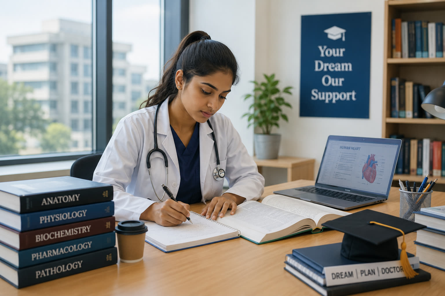 Medical student studying with anatomy textbooks, stethoscope and graduation cap — funded by a medical education loan