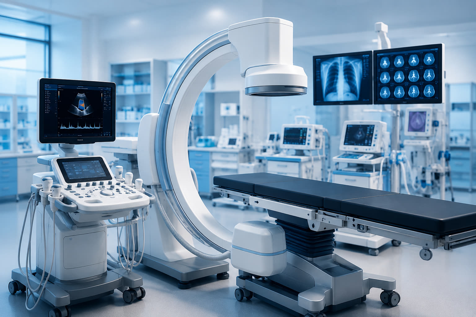 Modern medical imaging and surgical equipment in a hospital theatre — C-arm, monitors and operating table