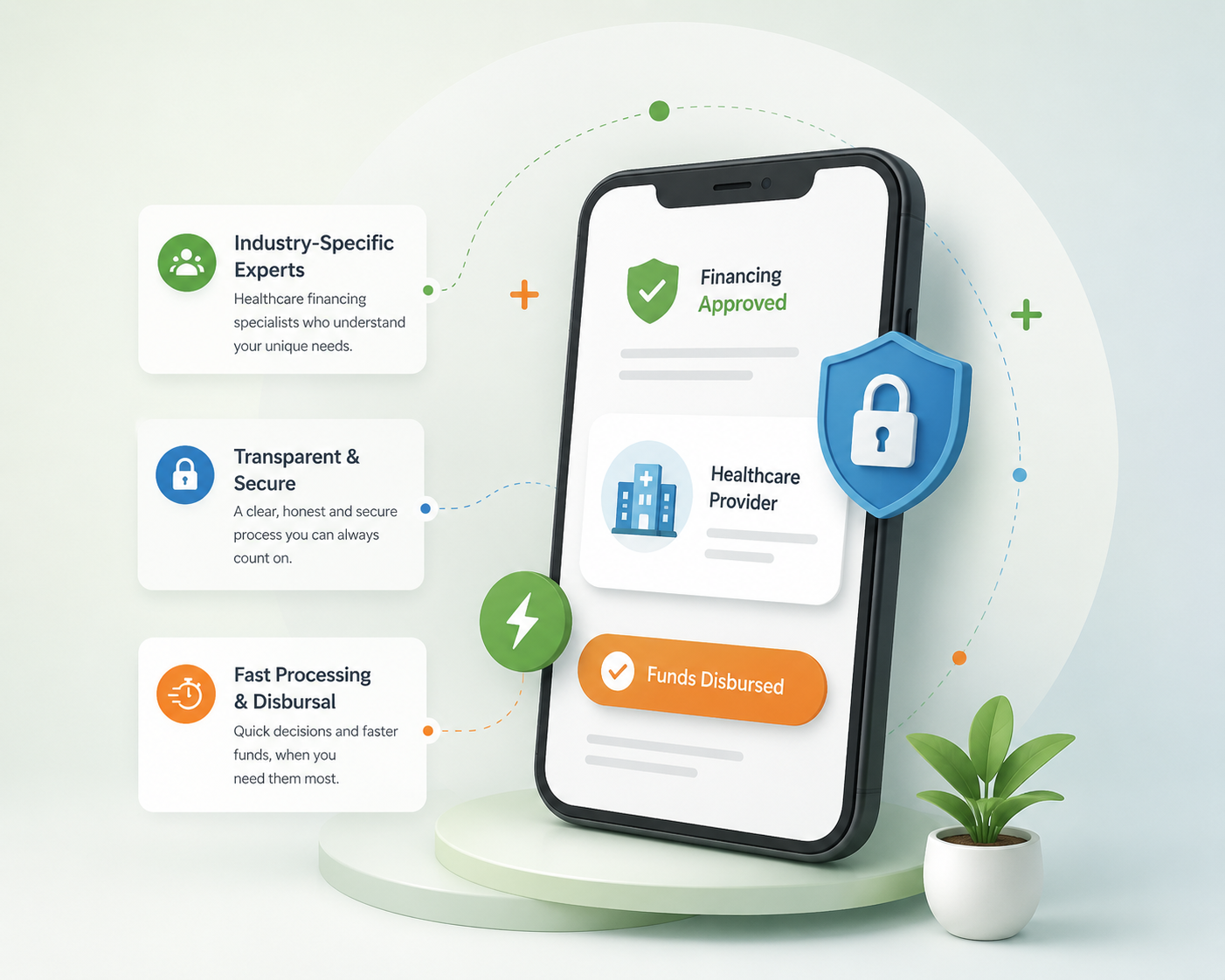 Bharat Medfin app showing Financing Approved and Funds Disbursed — industry-specific experts, transparent and secure, fast processing